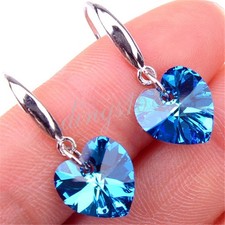 Genuine 925 Sterling Silver No Setting Blue Crystal Heart Dangle Earrings F1261