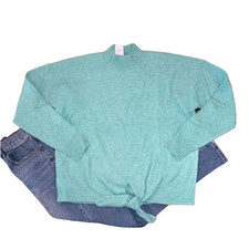 NWT LOFT Heather Teal Blue/Green Tie Hem Soft Mockneck Sweater - SIZE S