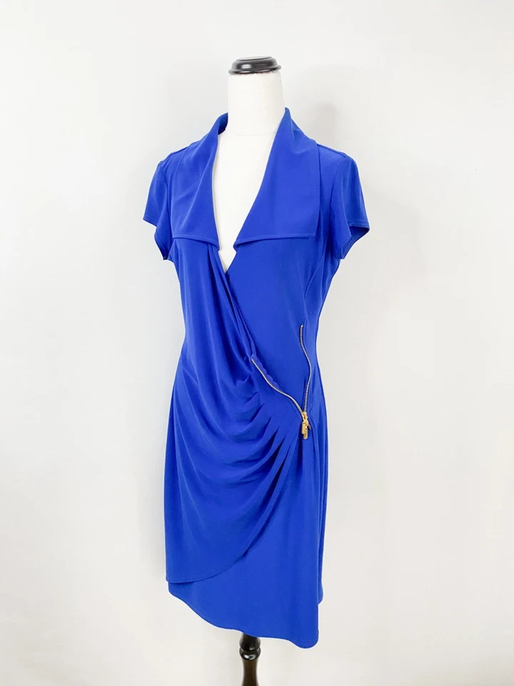 JOSEPH RIBKOFF jersey bodycon dress sz 12 / gold zip ruched faux-wrap blue - Image 4 of 4