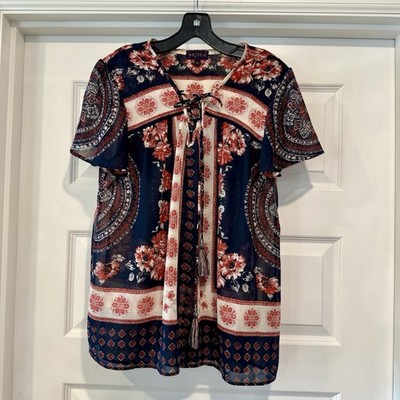 Artesia Woman s Size L Blouse Top Short Sleeve Multicolor Floral V-Neck Peasant