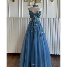 Sweetheart Sequinne Appliques Prom Dress Sleeveless Tulle A-Line Blue Party Gown