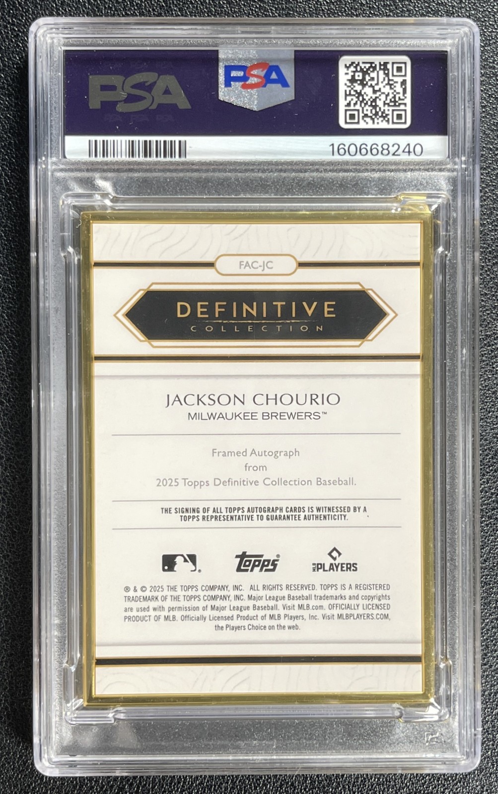 JACKSON CHOURIO PSA 8 2025 TOPPS DEFINITIVE COLL #FAC-JC FRAMED AUTO GOLD 1/1 view 2