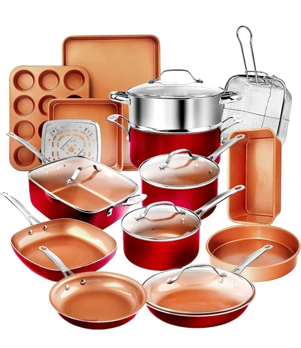 Gotham Steel 20 Piece Red Cookware and Bakeware Set with Ceramic Copper Coating