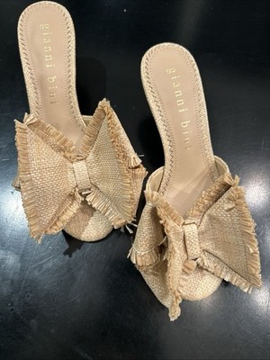New Gianni Bini Raffia Bow Kitten Heel Slide Sandals 7 Natural Beige Color