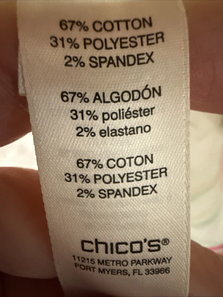 Chaqueta de mezclilla floral de hibisco Chico's naranja rojo verde rosa talla 2 elástica usada en excelente estado Foto 4 de 4