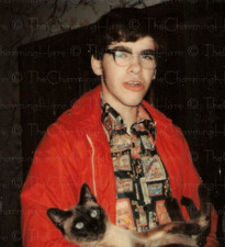 Vintage Photo Polaroid 1970's Teen with Glasses Holding Siamese Cat Red Jacket