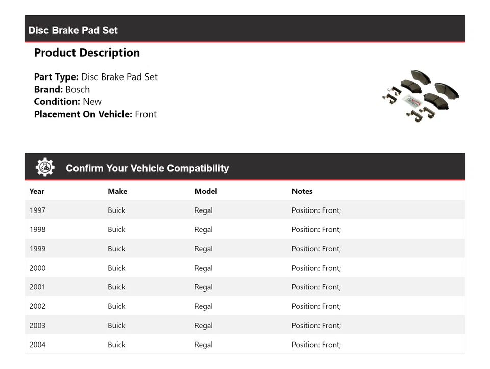 For 1997-2004 Buick Regal Bosch Severe Duty Ceramic Brake Pads Front 1998 1999 - Image 2 of 4