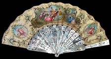 ANTIQUE FAN MADE OF CARVED MOTHER-OF-PEARL AND PAINTED PAPER. FRANCE. XVIII-XIX