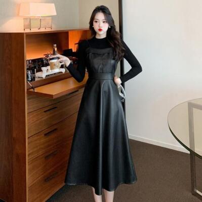 faux leather slip dress Solid Black A line Women Summer Leather Dress XL / DARK RED main image 1