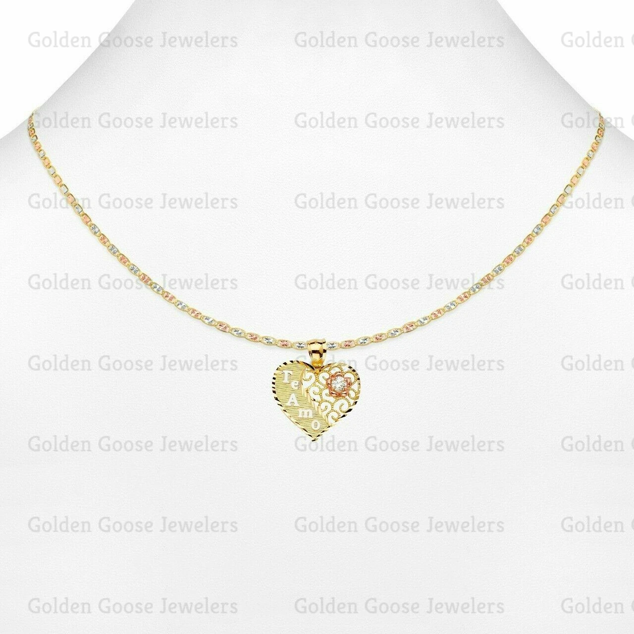 Ciondolo donna cuore te amo zirconi oro tricolore 14 kt catena Valentino
