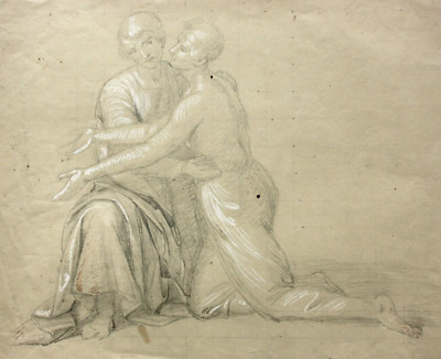 Pair of figures in a comforting hug, drawing with squaring 19. century