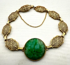 14k Gold Hand Carved Filigree Jade Bracelet 7"L  SALE-SAVE  1,500  #2128