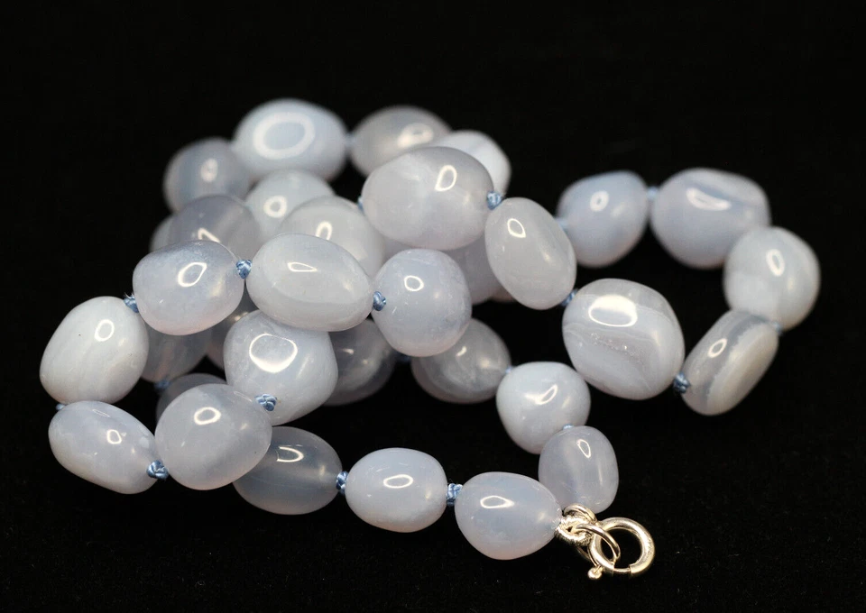 Colar de nó de seda amarrado à mão pedra preciosa azul calcedônia prata esterlina 925 18" - Imagem 4 de 4