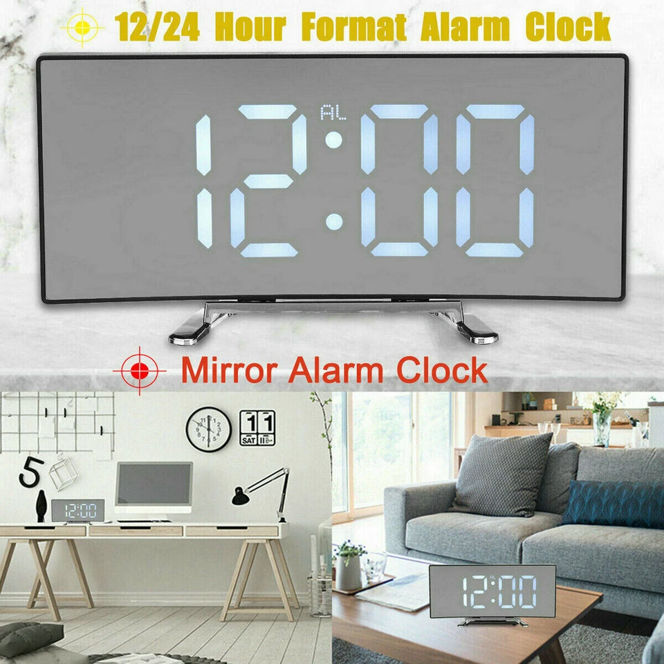 Digital Alarm Clock Mirror LED Display Snooze Temperature Table USB Bedroom Home - Image 2 of 4