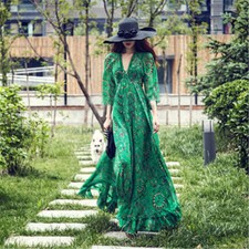 Women Boho Floral V-neck Chiffon Long Maxi Evening Party Green Beach Dress Hot