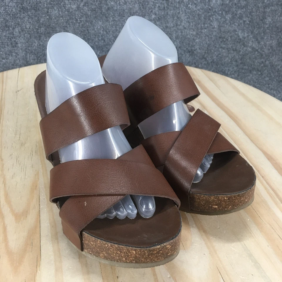 Blowfish Sandals Womens 8.5 Strappy Brown Slip On Cross Strap Open Toe Wedge - Image 2 of 4