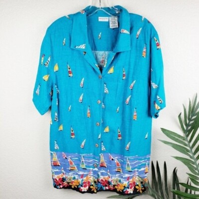 Vintage Linen Blend Marine Sailor Theme Print Hawaiian Shirt Button Up 18W/20W