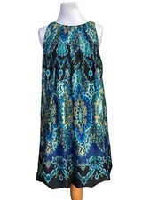 I.N. STUDIO - GROOVY RETRO 60'S STYLE SILKY PAISLEY SLEEVELESS DRESS - SZ 14 NEW