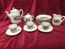 Antique Porcelain Child Tea Set, 14 Pcs, Gold Edged, Dutch and Floral Design