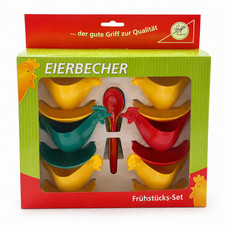 Sonja PLASTIC Eierbecher Huhn 6er Set + 6 L&ouml;ffel H&uuml;hnerfamilie DDR Kult