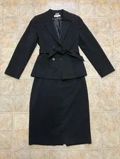 Calvin Klein 2 Piece Black Skirt Suit with Belt Size 14 Stretch Power Suit