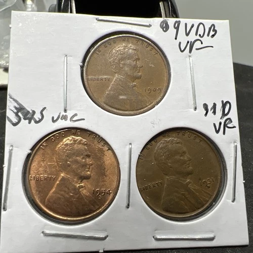 3 Coin Wholesale Lot Lincoln Wheat Cents 1909 P VDB VF 1931 D VF 1954 S AU/UNC