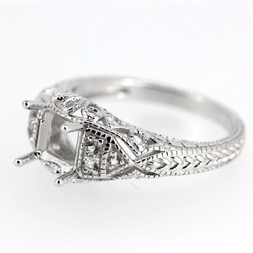 Art Deco Style 925 Sterling Silver Cushion 6x6mm Semi Mount Setting Ring - Imagen 3 de 3