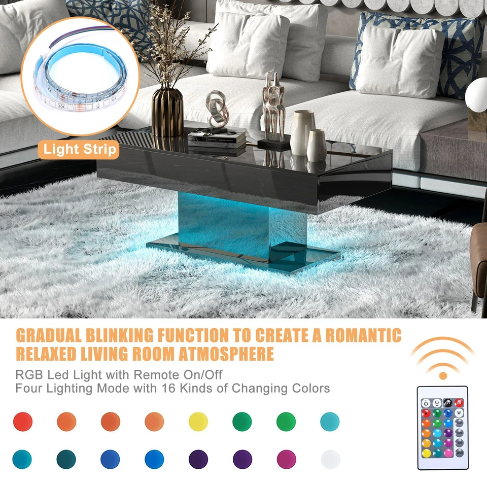 High Glossy Led Coffee Table Living Room Table Rectangular Center Table Black - Image 3 of 4