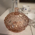 Vintage Depression Glass  Cubist Pattern  Pink Candy Dish  5.25 X 5.25 Very Nice