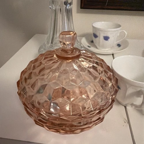 Vintage Depression Glass  Cubist Pattern  Pink Candy Dish  5.25 X 5.25 Very Nice