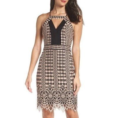 Harlyn Lace Mini Dress Black Cream Women's Size L Sheath Cocktail Lace