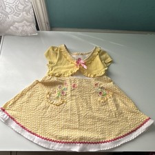 Girls Yellow Fit Flare Floral Dress with Embroidered Flowers and Pink Bow