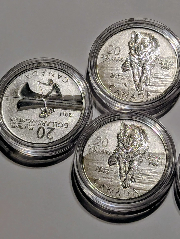 Lote de cinco (5) monedas de plata de 20 dólares de Canadá 2011-2013 .9999 1/4 onza  Foto 4 de 4