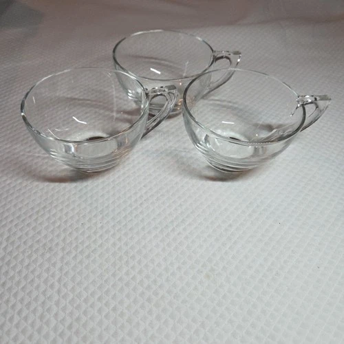 Set of 3 Clear Glass Coffee Tea Mugs Cups with Handles Vintage