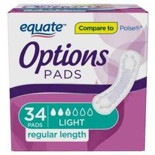Equate Options Women's Incontinence Pads, Light Absorbency, Regular Length 34 CT