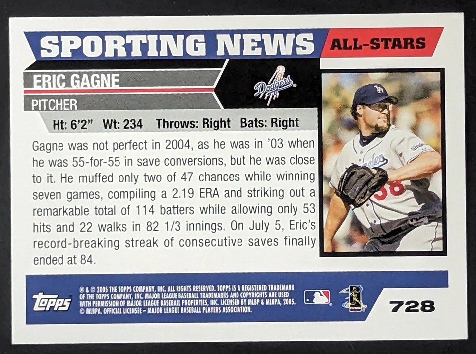 Eric Gagne Los Angeles Dodgers 2005 Topps Sporting News All Stars #728 Card - Image 2 of 2