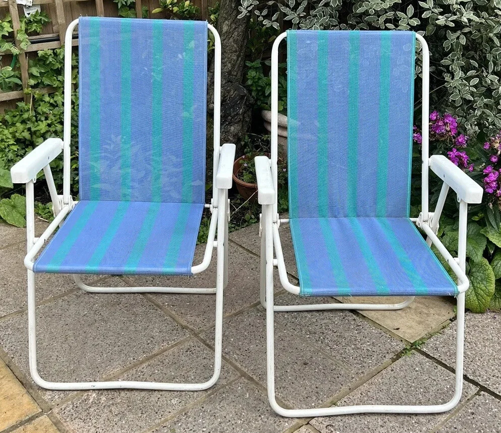 Vintage Grand Soleil Green Blue Striped Folding Deck Chairs Made