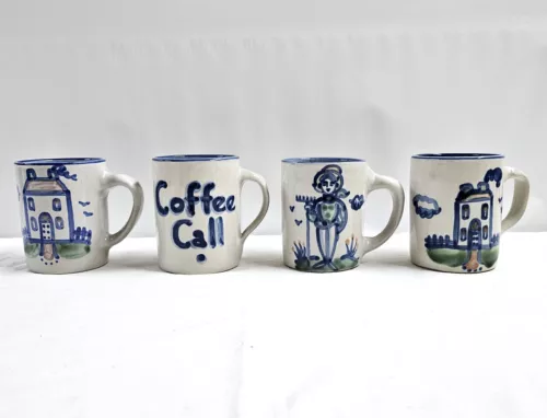 4 M.A. Hadley Country Scene Farm Blue Mugs 4" House Farmer Coffee Call Mug Set