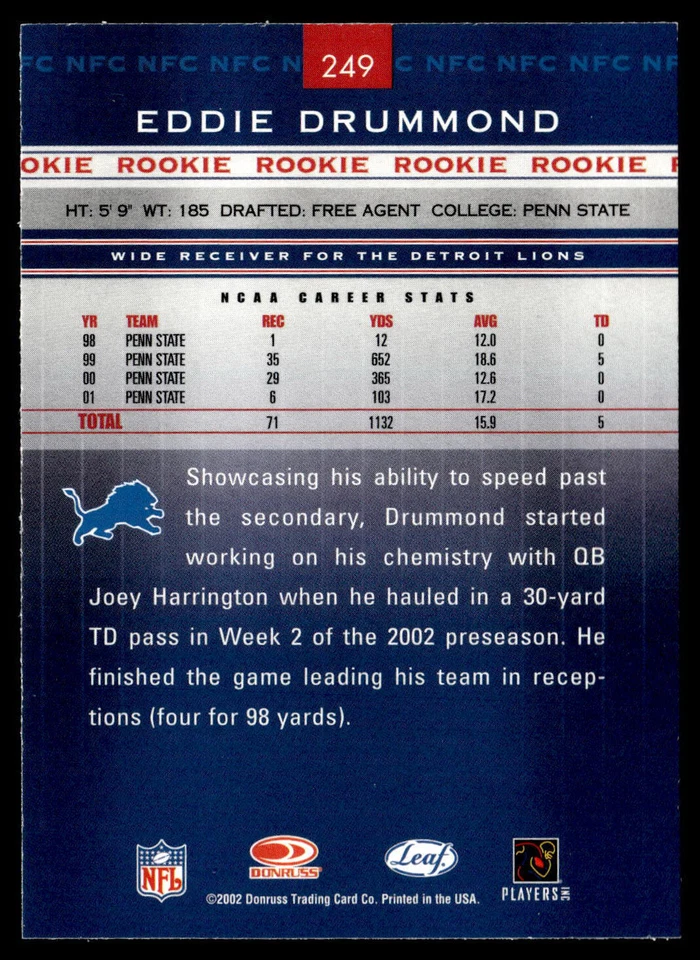 2002 Leaf Rookies & Stars  Eddie Drummond #249 Rookie   RC Detroit Lions - Image 2 of 2