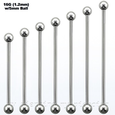 16G 1'' to 2'' Surgical Steel Industrial Long Barbell with 5mm Ball End