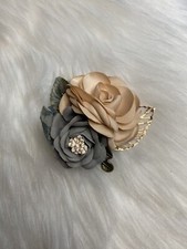 Camellia Flower Brooch Pin Clip Large Beige Blue Handmade Gift Wedding Birthday