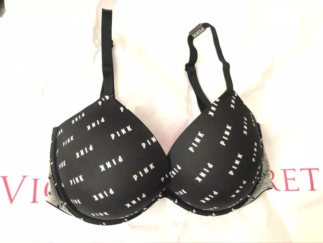 Victoria's Secret Pink Wear Everywhere Super Push-up Bra Black White Logo  NWT