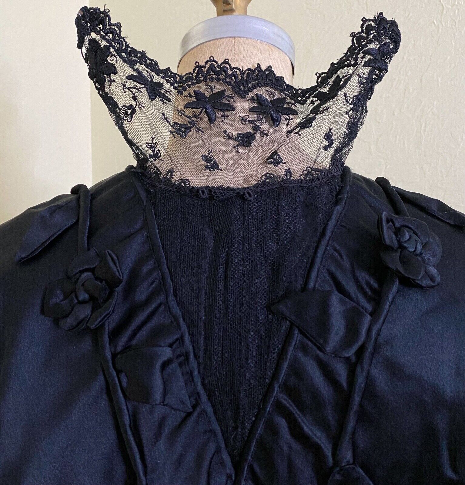 Antique Edwardian Black Silk Lace Dress Gown Flor… - image 10