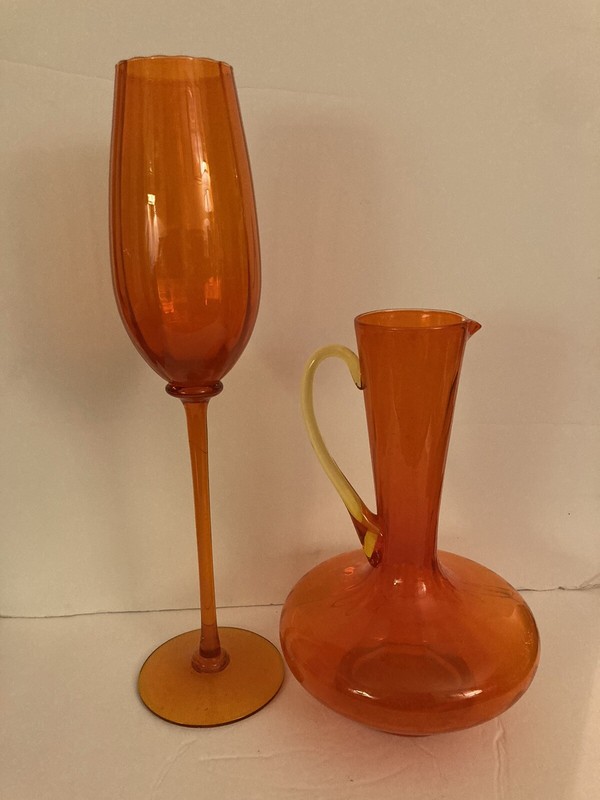 Vintage Pair Mid Century Empoli Italy Orange Long Stem Goblet And Pitcher