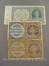 134400, 3 Banknoten Protektorat Böhmen und Mähren, 1x 5 Kronen + 2x 1 Krone