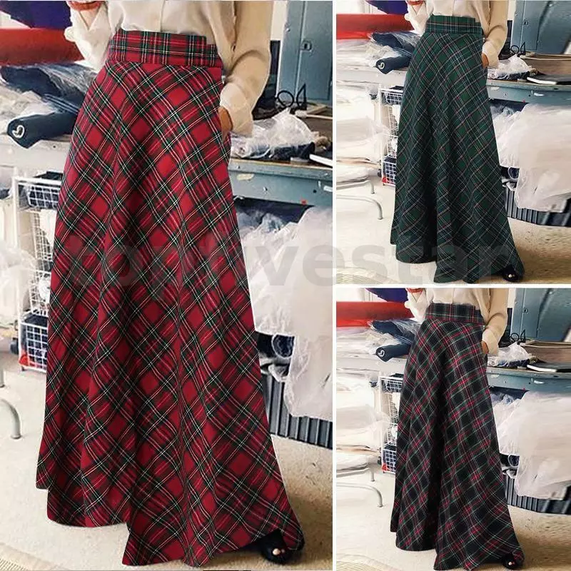 UK 8-24 Women Tartan Check Plaid Long Skirt Vintage Ladies Loose Maxi Dress  Plus