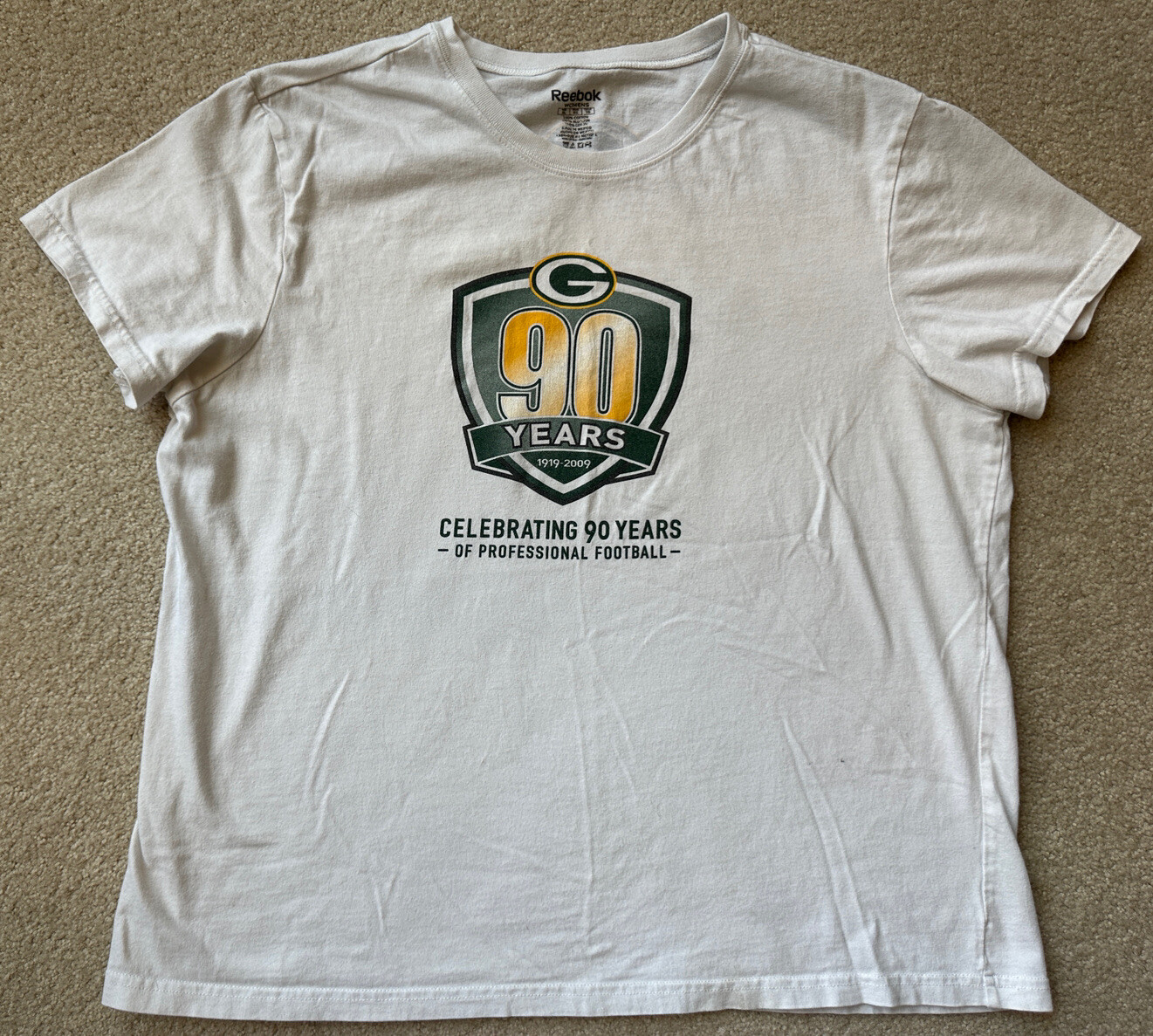 Green Bay Packers 90 Years 1919-2009 Reebok White Womens T-Shirt  XL