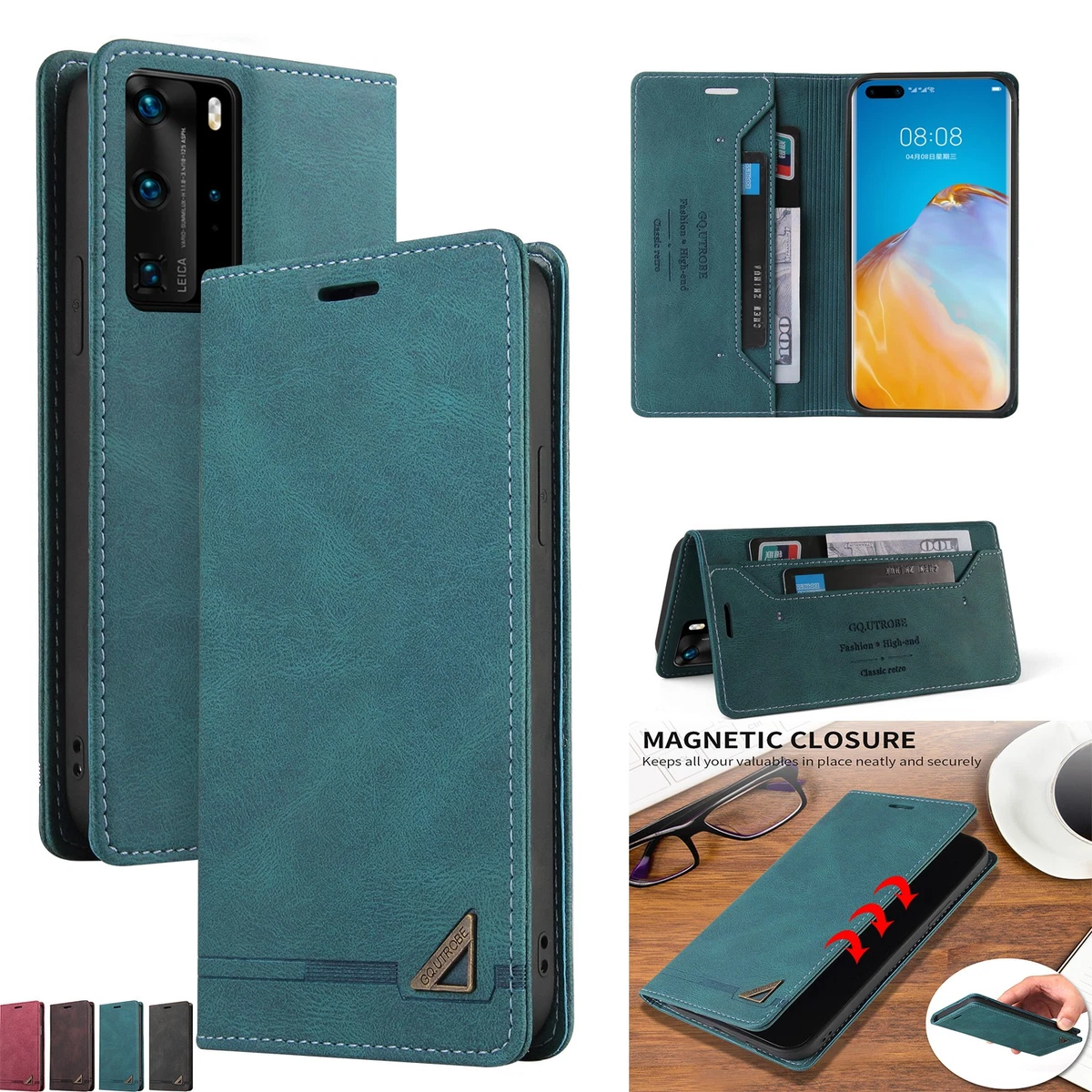 Custodia Portafoglio In Pelle PU Con Magneti Per Huawei P40 Pro – Cover Flip Con Slot Per Carte, Colore Verde - 2