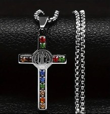 Silver St Saint Benedict Cross Pendant Necklace Protection Medal Crucifix F13 UK