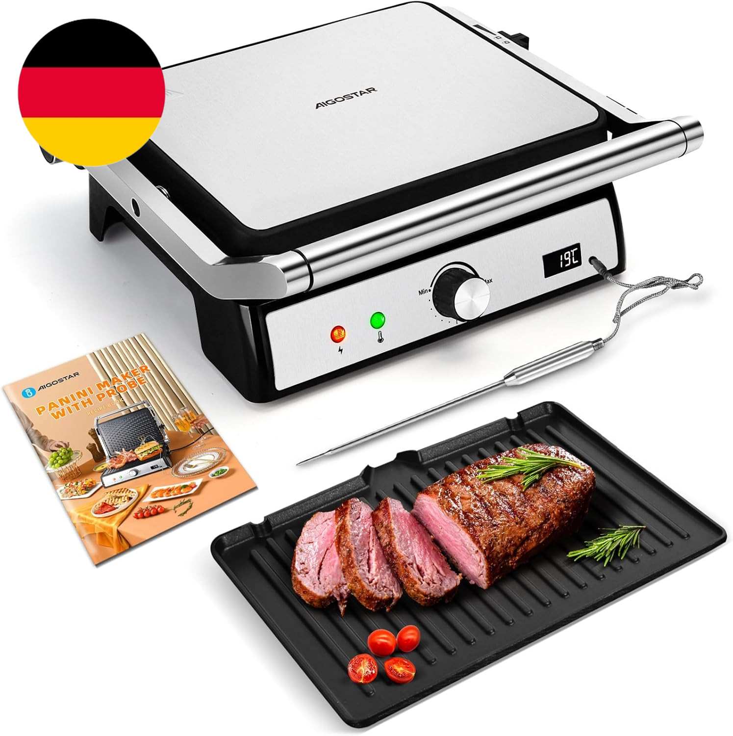 Aigostar Panini-Grill mit Lebensmittel-Sonde, leicht zu reinigen